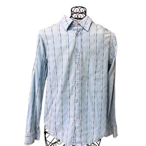 Kit Cornell Vintage Y2K Blue Striped Button Up Shirt Paisley Trim Sz M 90s Retro